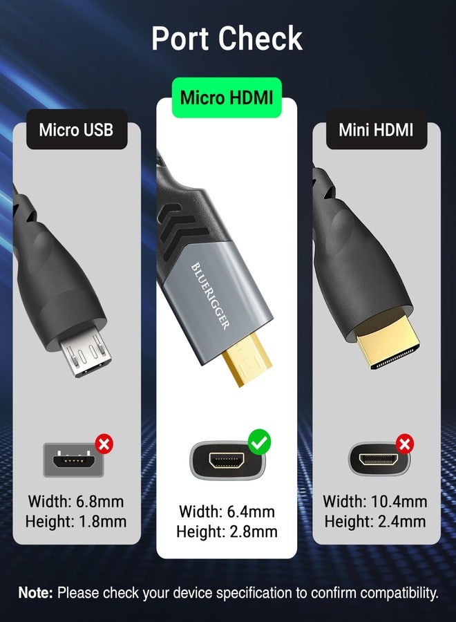 بلو ريجر كابل BlueRigger Micro HDMI إلى HDMI (طول 15 قدمًا، دقة 4K بمعدل 60 هرتز وتقنية HDR، ذكر إلى ذكر، ثلاثي الأبعاد، سلك مضفر بسرعة 18 جيجابت في الثانية، ARC) - متوافق مع GoPro Hero 7/6، وRaspberry Pi 4/5، وكاميرا Sony A6300/Retroid Pocket 3+ - Image 3